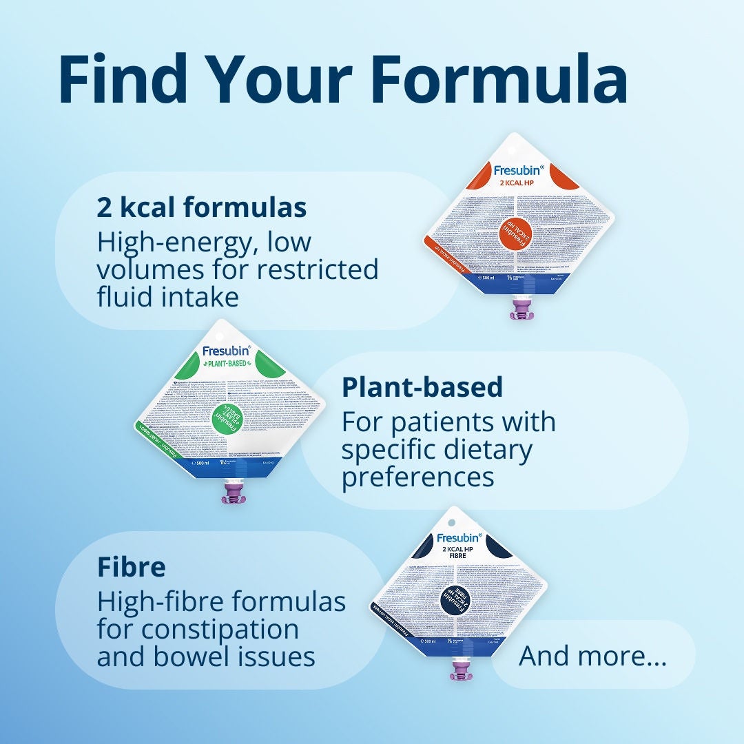 Find your formula with the Fresubin range, including 2kcal formulas for high energy and low volume options for restricted fluid intake, plant-based options for patients with specific dietary preferences, high-fibre options for those with constipation and bowel issues, and more... 