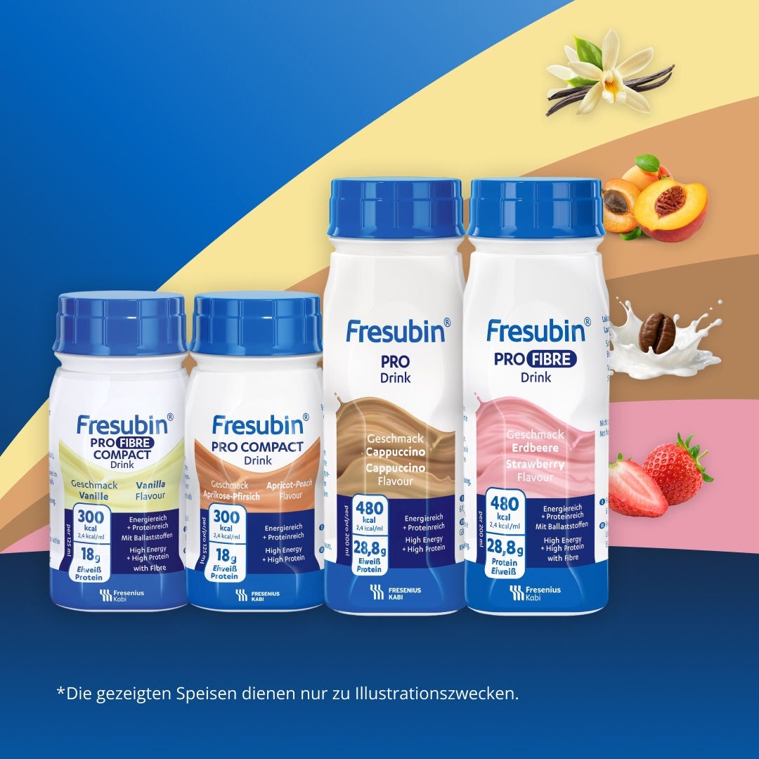 Die PRO-Produktreihe von Fresubin ist in verschiedenen Verpackungsformen und Geschmacksrichtungen erhältlich, darunter das PRO FIBRE COMPACT-Getränk mit Vanillegeschmack, das PRO COMPACT-Getränk mit Aprikosen-Pfirsich-Geschmack, das PRO-Getränk mit Cappuccino-Geschmack und das PRO FIBRE-Getränk mit Erdbeergeschmack 