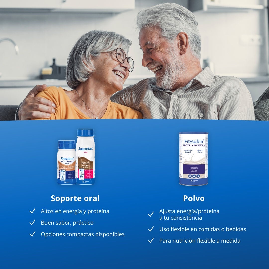 La gama de suplementos nutricionales orales Fresubin incluye bebidas energéticas y ricas en proteínas para tomar a sorbos, que tienen un sabor excelente y son prácticas, con opciones compactas disponibles; tazas de crema que se pueden comer con cuchara, que son energéticas y ricas en proteínas, y son ideales como merienda o postre en una variedad de sabores; y polvos que se pueden agregar a alimentos o bebidas para ajustar el contenido de energía y proteínas a la consistencia que desee, lo que permite una nutrición flexible y personalizada. 