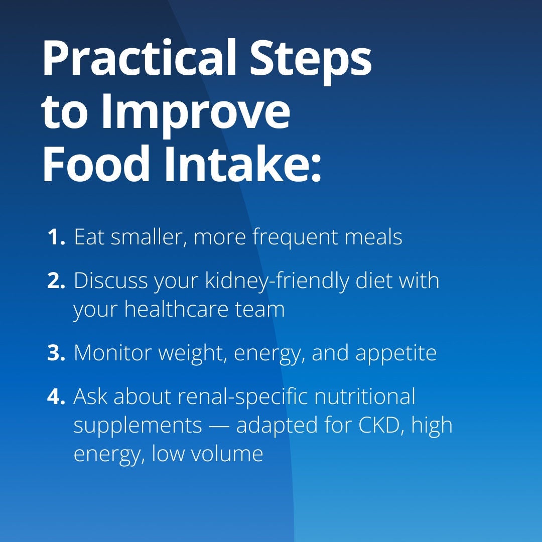 Fresubin explains practical steps to improve food intake: 1. Eat smaller, more frequent meals. 2. Discuss your kidney-friendly diet with your healthcare team. 3. Monitor weight, energy and appetite. 4. Ask about renal-specific nutritional supplements adapted for CKD with high energy and low volume. 