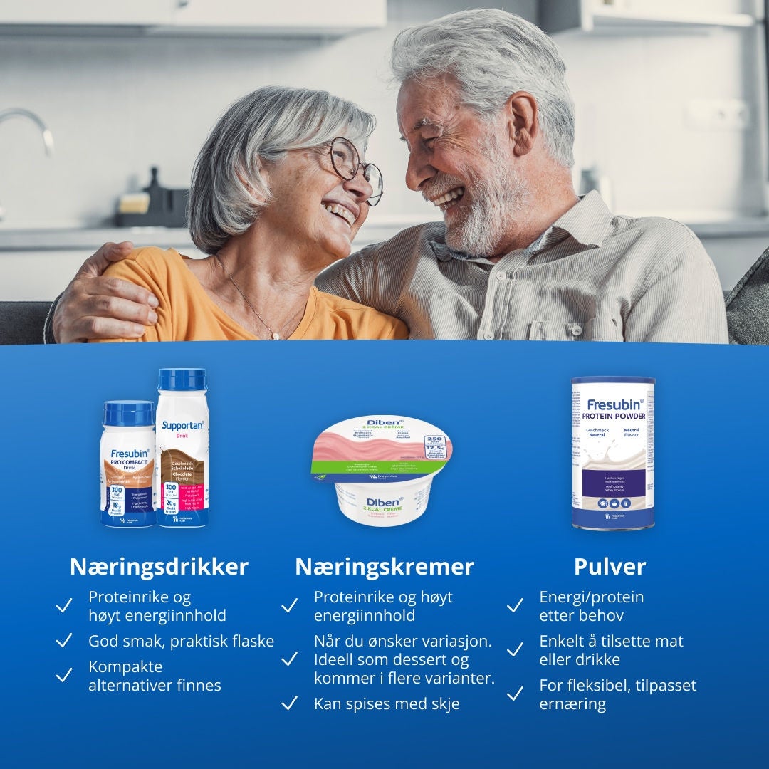 Fresubins sortiment av orale ernæringstilskudd omfatter energirike og proteinrike drikker som smaker godt og er praktiske å bruke, med kompakte alternativer tilgjengelig; kremkoppene som kan spises med skje, er mettende og har høyt innhold av energi og protein, og er ideelle som mellommåltid eller dessert i en rekke smaker; samt pulver som kan tilsettes mat eller drikke for å tilpasse energi- og proteininnholdet til ønsket konsistens, noe som gir fleksibel og skreddersydd ernæring. 