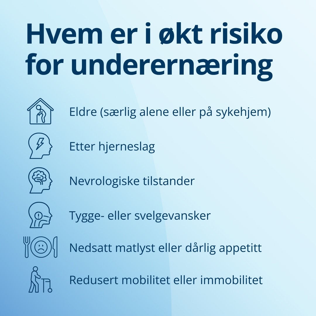 Fresubin forklarer at personer med økt risiko for underernæring blant annet omfatter eldre som bor alene eller på sykehjem, personer som er i ferd med å komme seg etter et hjerneslag, personer med nevrologiske lidelser, personer med tygge- eller svelgevansker, personer som lider av tap av matlyst eller dårlig appetitt, samt eldre med nedsatt bevegelighet eller som er sengeliggende 