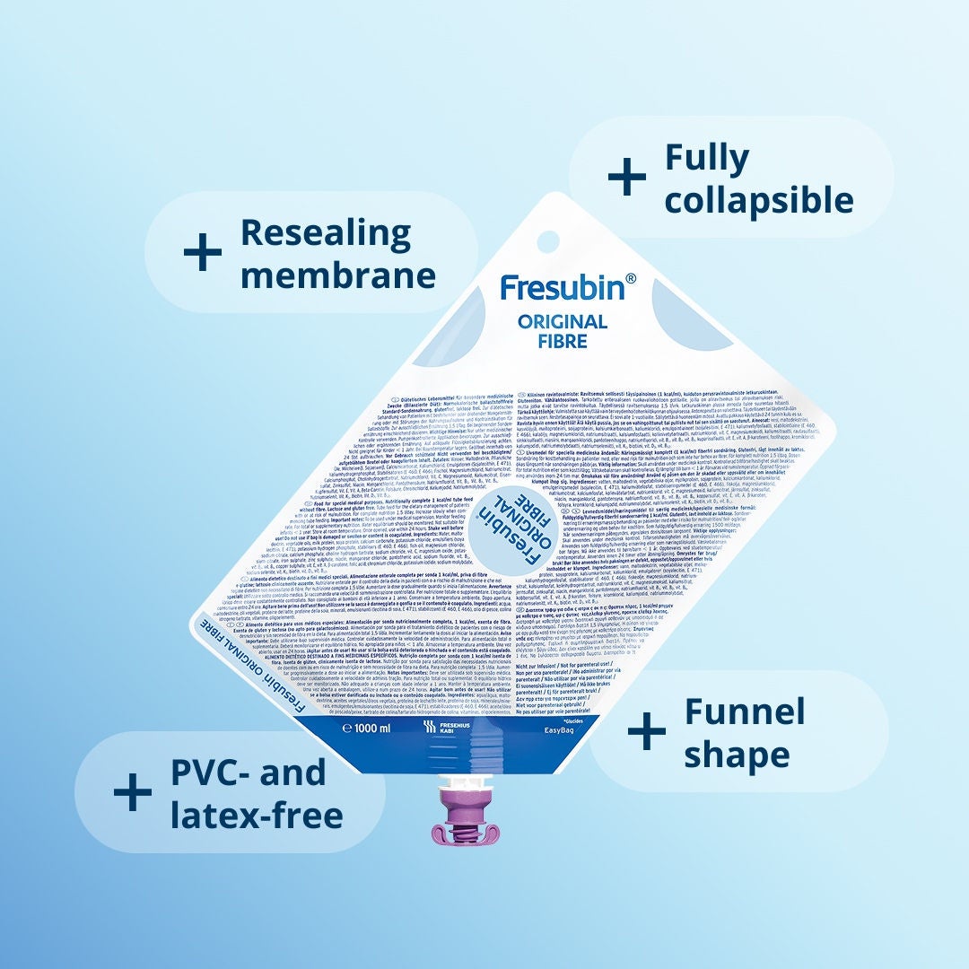 Fresubin's funnel-shaped EasyBag for tube feeds has a resealing membrane, is fully collapsible, and is PVC- and latex-free. 