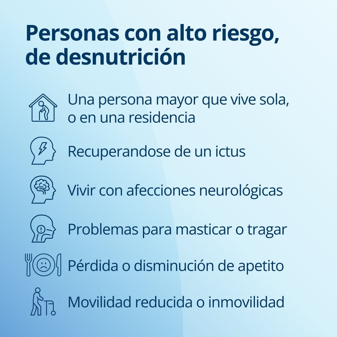 Fresubin explica que entre las personas con mayor riesgo de desnutrición se encuentran los adultos mayores que viven solos o en un centro de atención, quienes se están recuperando de un accidente cerebrovascular, las personas que padecen afecciones neurológicas, aquellas con problemas para masticar o tragar, las personas que sufren de pérdida de apetito o de un apetito reducido, y los adultos mayores con movilidad reducida o inmovilidad 