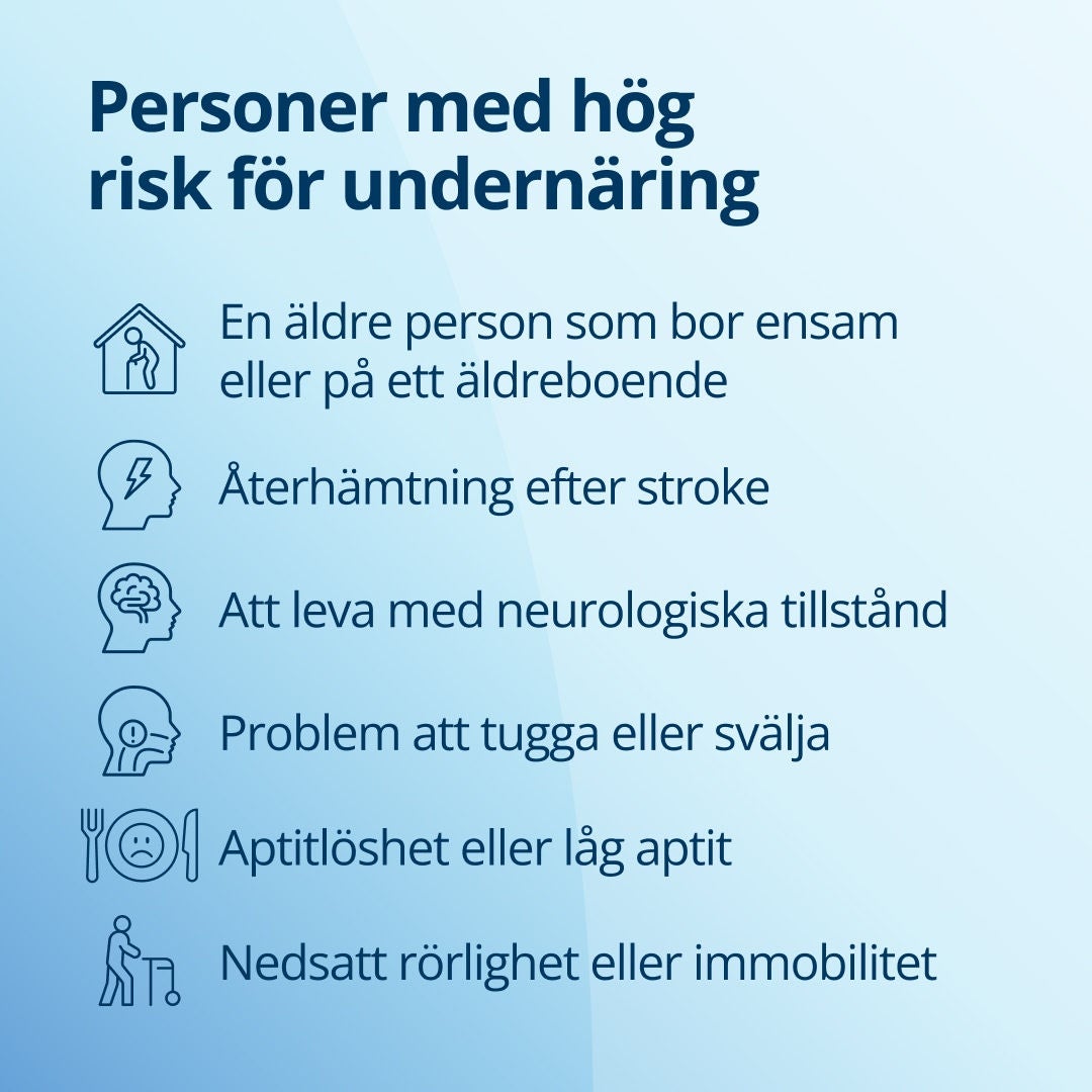 Fresubin förklarar att personer som löper högre risk för undernäring är äldre som bor ensamma eller på vårdhem, personer som återhämtar sig efter en stroke, personer med neurologiska sjukdomar, personer med svårigheter att tugga eller svälja, personer som lider av aptitlöshet eller nedsatt aptit samt äldre med nedsatt rörlighet eller som är sängliggande 