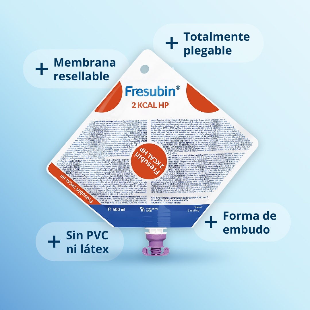 Una infografía que explica los cuatro aspectos clave del funcionamiento del envase para alimentación por sonda EasyBag de Fresenius Kabi. 