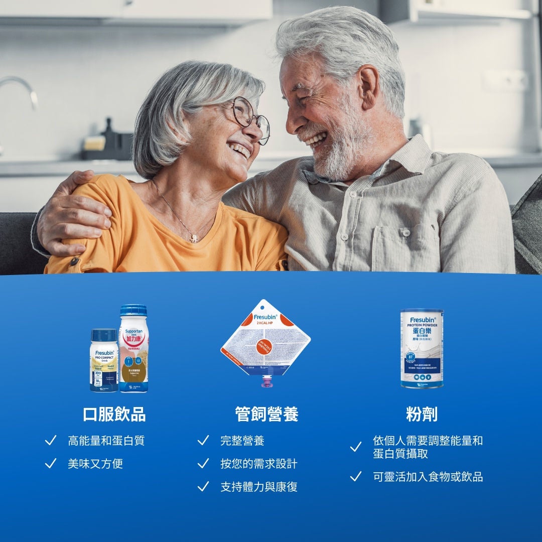 Fresubin 產品系列包含方便飲用且風味絕佳的高能量、高蛋白口服營養飲品；能滿足各種臨床需求、提供全面營養的管餵營養品；以及高能量、高蛋白且可直接以湯匙享用的奶油杯，有多種口味可供選擇，非常適合作為點心或甜點；此外，還有可靈活加入食物或飲品中的粉末，讓您能根據需求調整能量與蛋白質含量，並調製出理想的濃稠度。
