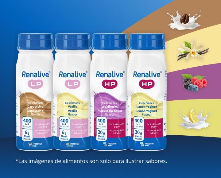Bebidas nutricionales para personas con enfermedades renales crónicas de la gama Fresubin RENAL, con contenido reducido de proteínas y electrolitos. Disponibles en sabores de vainilla y capuchino 