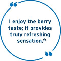 Patient testimonial graphic praising the refreshing berry flavour of Renalive® HP, supporting improved taste acceptance and adherence in dialysis patients.