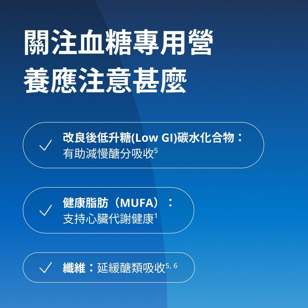 在管理糖尿病專用的營養時，應選擇低升糖指數（GI）的改良碳水化合物，以改善血糖控制；攝取健康脂肪（單元不飽和脂肪酸），以促進心代謝健康、血糖控制及胰島素敏感性；並攝取膳食纖維以延緩吸收。