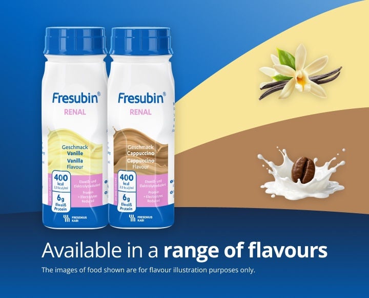 Nutritional drinks for those with chronic kidney diseases from the Fresubin RENAL range, with reduced protein and electrolytes. Includes Vanilla and Cappuccino flavours 