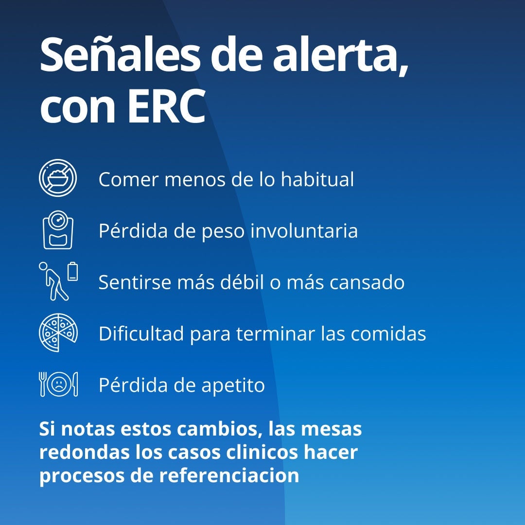 Fresubin explica que los signos de alerta de desnutrición en personas con enfermedad renal crónica (ERC) incluyen comer menos de lo habitual, pérdida de peso involuntaria, sensación de debilidad o cansancio, dificultad para terminar las comidas y pérdida de apetito. Si nota estos cambios, consulte a su equipo de atención médica. 