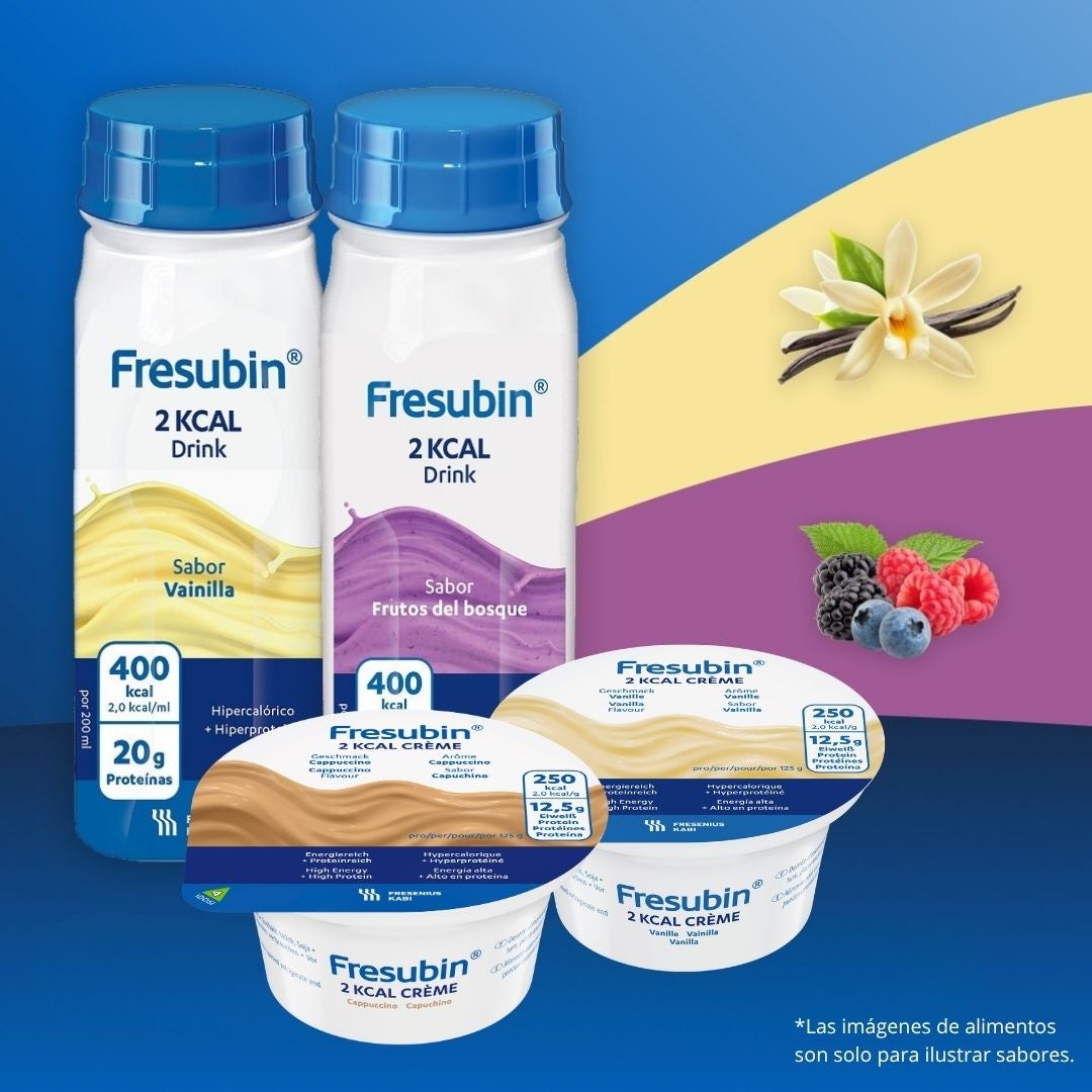 La gama 2KCAL de Fresubin incluye una amplia variedad de opciones de consumo. Entre ellas se encuentran las bebidas 2KCAL, las bebidas 2KCAL COMPACT, las bebidas 2KCAL FIBRE, las bebidas 2KCAL FIBRE COMPACT y las cremas 2KCAL. 