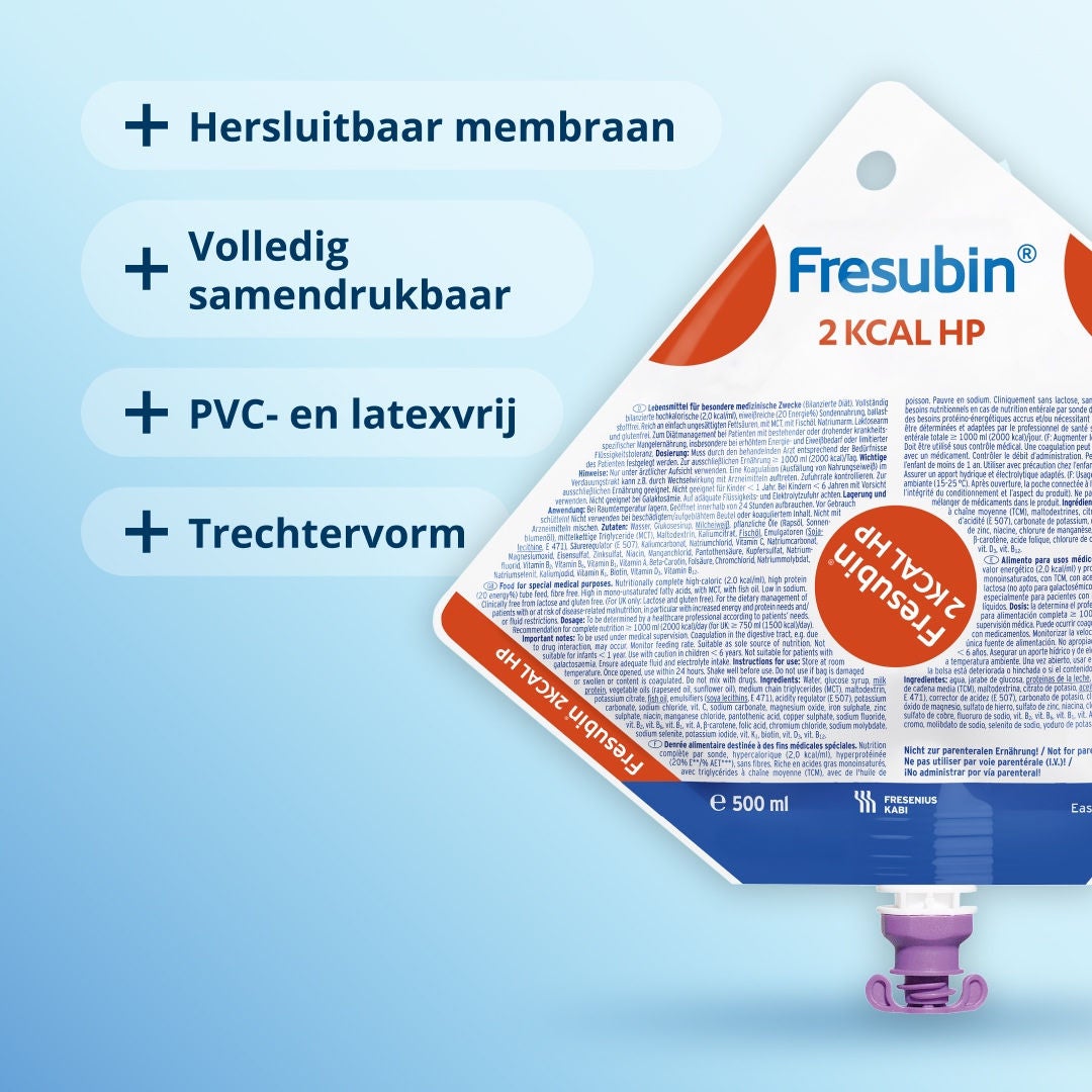 Fresubin EasyBag voor sondevoeding met aanduiding van verpakkingseigenschappen zoals volledig inklapbaar ontwerp, hersluitbaar membraan, trechtervorm en PVC- en latexvrij.
