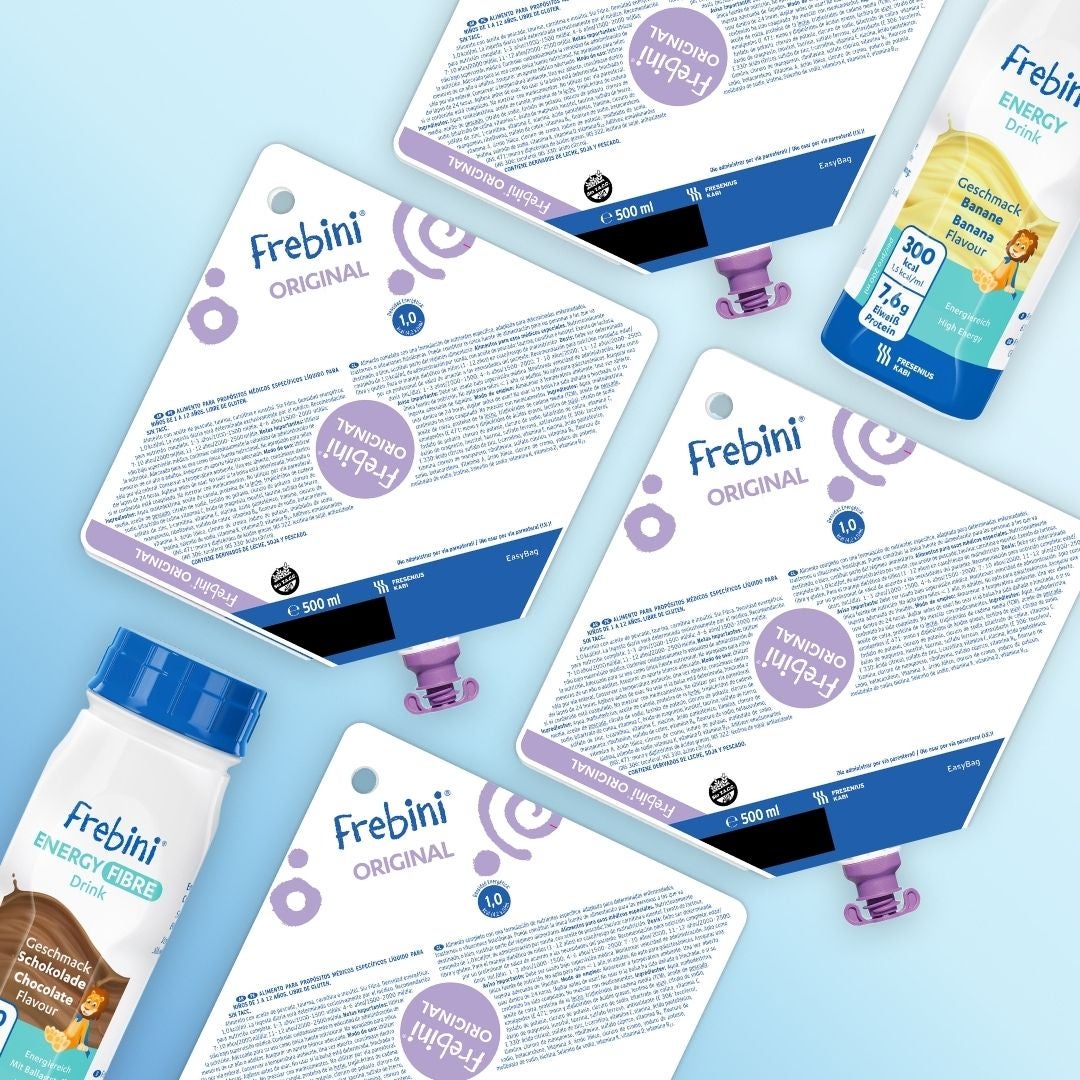 La gama de productos de alimentación por sonda Frebini de Fresubin incluye Frebini ORIGINAL, ORIGINAL FIBRE, ENERGY y ENERGY FIBRE, mientras que la gama de suplementos nutricionales orales para niños incluye ENERGY Drink y ENERGY FIBRE Drink, disponibles en diversos sabores para contribuir adecuadamente a la nutrición infantil 