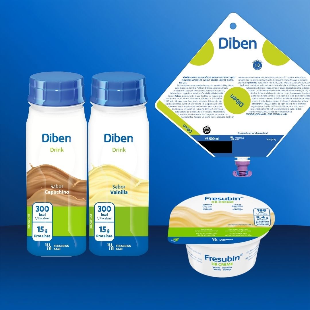 La gama Diben de Fresubin, diseñada para apoyar la nutrición de las personas con diabetes, se presenta en una variedad de formatos y sabores que se adaptan a sus necesidades, entre los que se incluyen: Diben 1,5 KCAL para alimentación por sonda, Diben con sabor a albaricoque y durazno en forma de bebida, Diben con sabor a vainilla y 2 KCAL en forma de bebida, Diben con sabor a vainilla en polvo, la crema Diben de 2 KCAL con sabor a albaricoque y durazno, lista para tomar con cuchara, y la crema Diben con sabor a capuchino, lista para tomar con cuchara. 