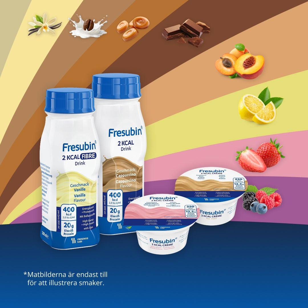 Fresubins 2KCAL-sortiment omfattar ett brett utbud av intagsalternativ. Sortimentet består av 2KCAL-drycker, 2KCAL COMPACT-drycker, 2KCAL FIBRE-drycker, 2KCAL FIBRE COMPACT-drycker och 2KCAL-krämer. 