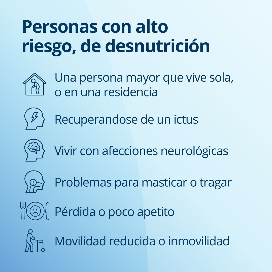 Fresubin explica que entre las personas con mayor riesgo de desnutrición se encuentran los adultos mayores que viven solos o en un centro de atención, quienes se están recuperando de un accidente cerebrovascular, las personas que padecen afecciones neurológicas, aquellas con problemas para masticar o tragar, las personas que sufren de pérdida de apetito o de un apetito reducido, y los adultos mayores con movilidad reducida o inmovilidad 