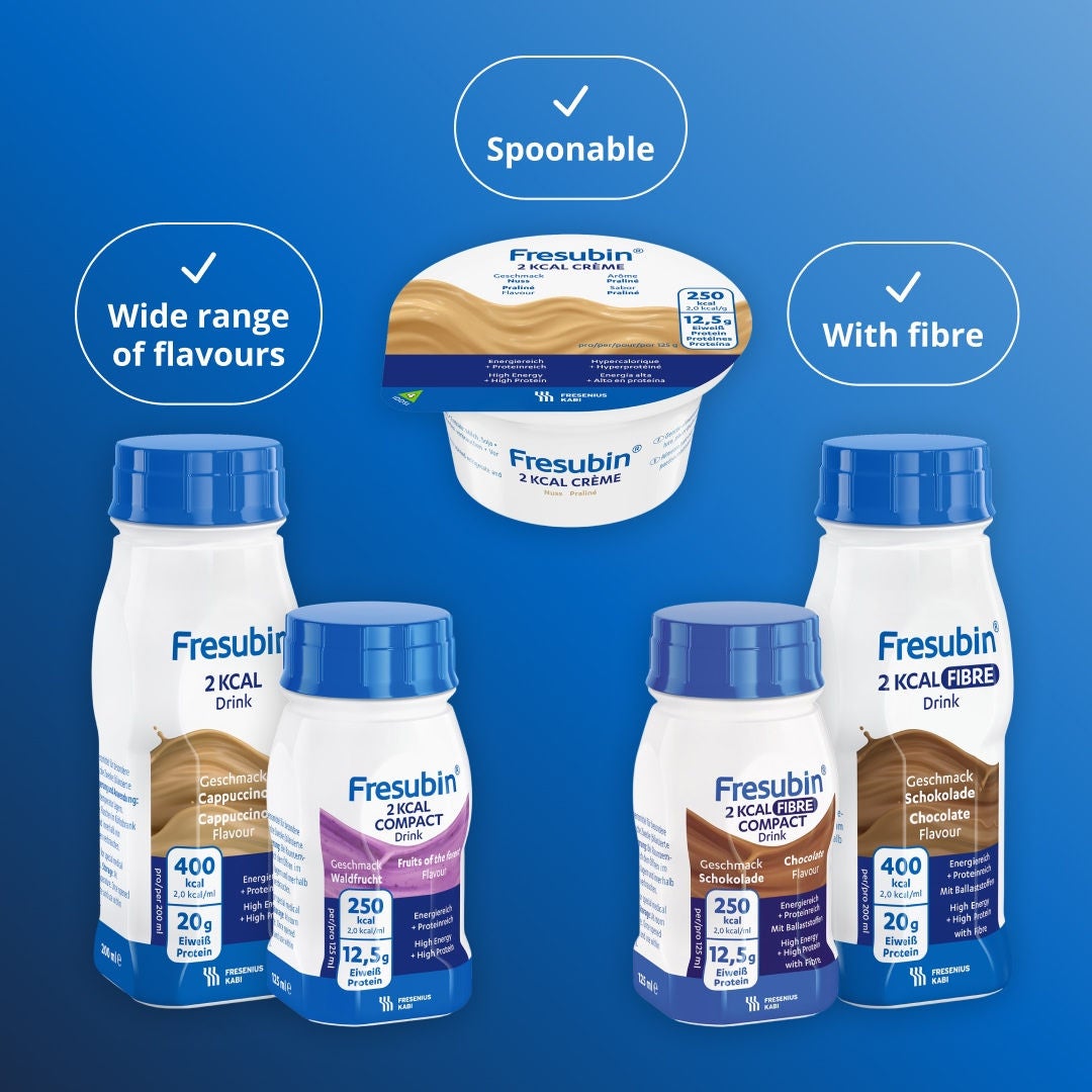 Fresubin’s 2KCAL range includes Fresubin’s widest range of flavours, spoonable formats and options with fibre support. Includes 2KCAL Drink, 2KCAL COMPACT Drink, 2KCAL FIBRE 2KCAL FIBRE COMPACT Drink 2KCAL Crème 
