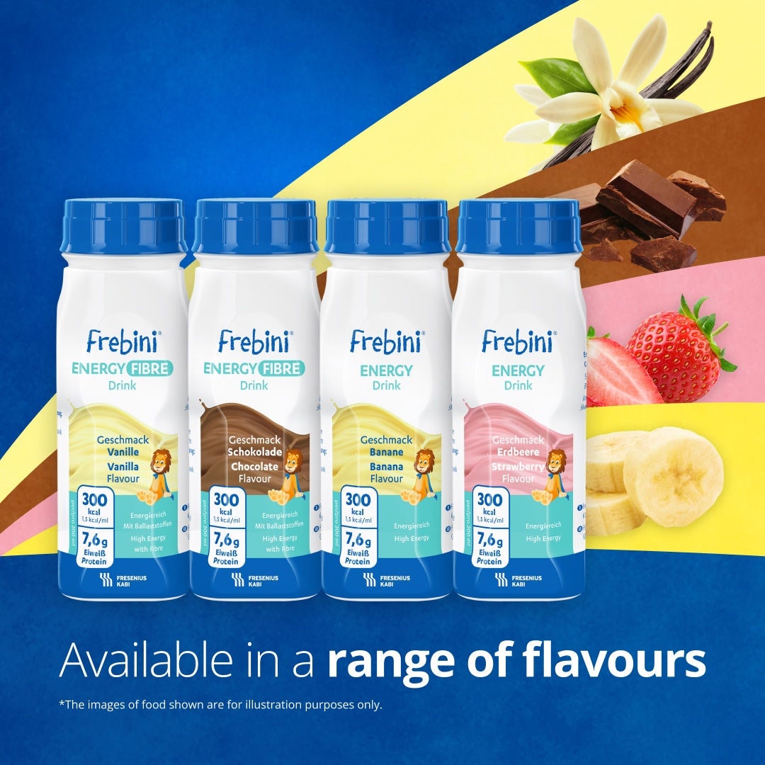 High calorie paediatric drinks from Fresubin's Frebini range, supporting children who need additional energy and nutritional intake, including Frebini Chocolate-flavoured and Vanilla-flavoured ENERGY FIBRE Drink and Frebini Banana-flavoured and Strawberry-flavoured ENERGY Drink 