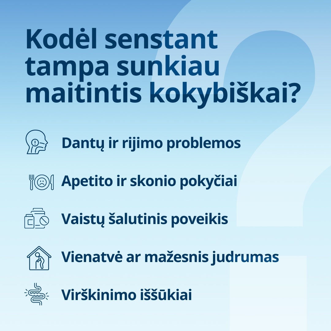 „Fresubin“ paaiškina, kad su amžiumi tinkamai maitintis tampa vis sunkiau dėl dantų ir rijimo problemų, sumažėjusio apetito ir skonio pokyčių, vaistų šalutinių poveikių, gyvenimo vienatvėje ar riboto judumo bei virškinimo sutrikimų. 