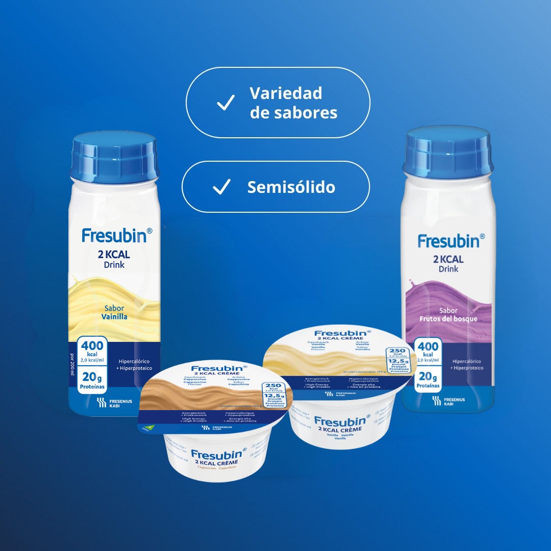 La gama 2KCAL de Fresubin incluye la más amplia variedad de sabores, formatos para tomar a cucharadas y opciones con aporte de fibra de Fresubin. Incluye 2KCAL Drink, 2KCAL COMPACT Drink, 2KCAL FIBRE, 2KCAL FIBRE COMPACT Drink y 2KCAL Crème 