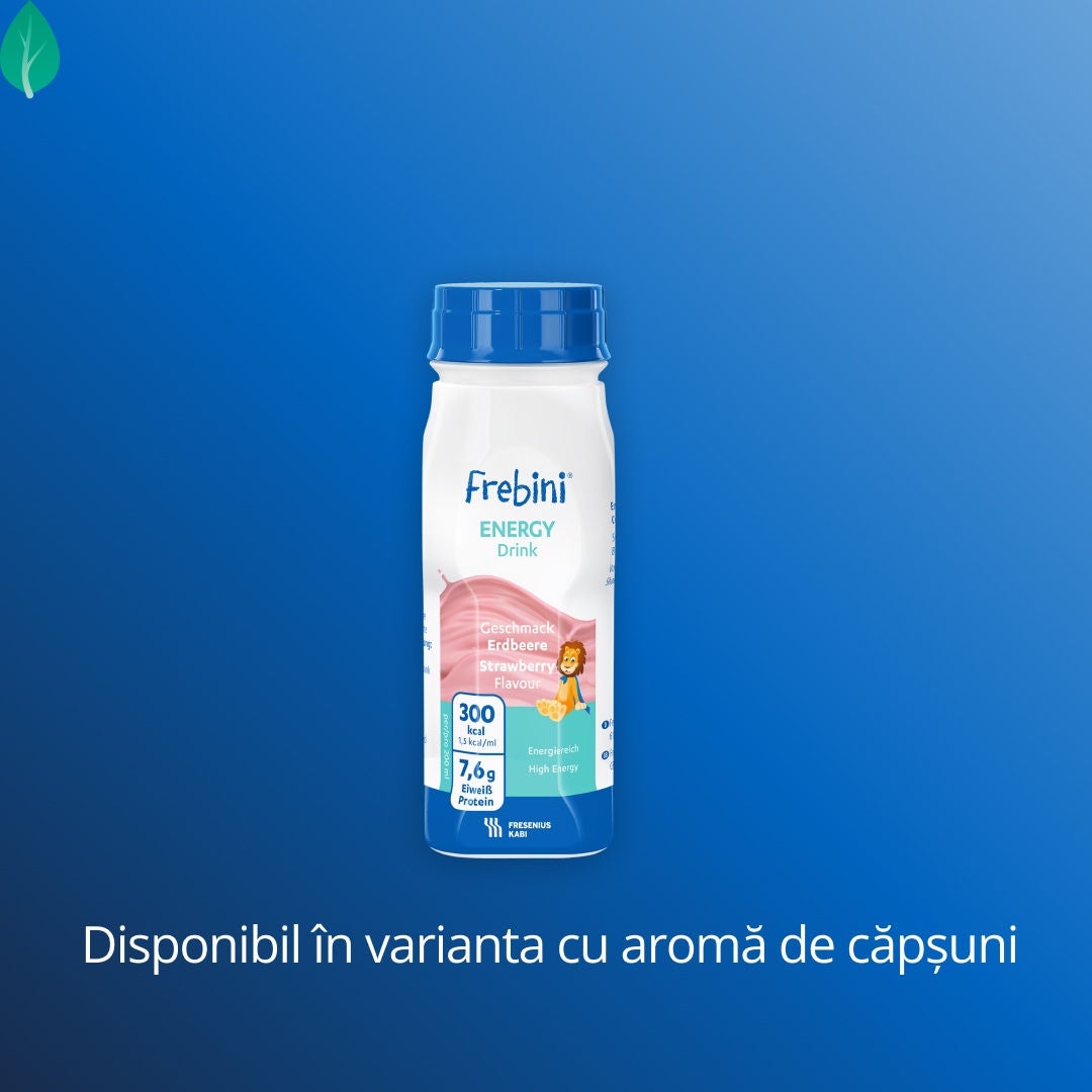 High calorie paediatric drinks from Fresubin's Frebini range, supporting children who need additional energy and nutritional intake, including Frebini Chocolate-flavoured and Vanilla-flavoured ENERGY FIBRE Drink and Frebini Banana-flavoured and Strawberry-flavoured ENERGY Drink 