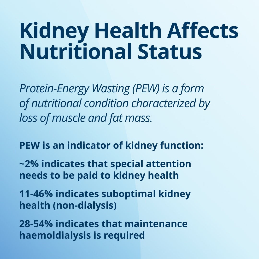 Fresubin explains how malnutrition risk increases with CKD: Protein-Energy Wasting (PEW) is a form of malnutrition characterized by loss of muscle and fat mass. PEW increases with CKD stage: around 2% in CKD stages 1-2, 11-46% in CKD stages 3-5 (non-dialysis), and 28-54% in maintenance haemodialysis 