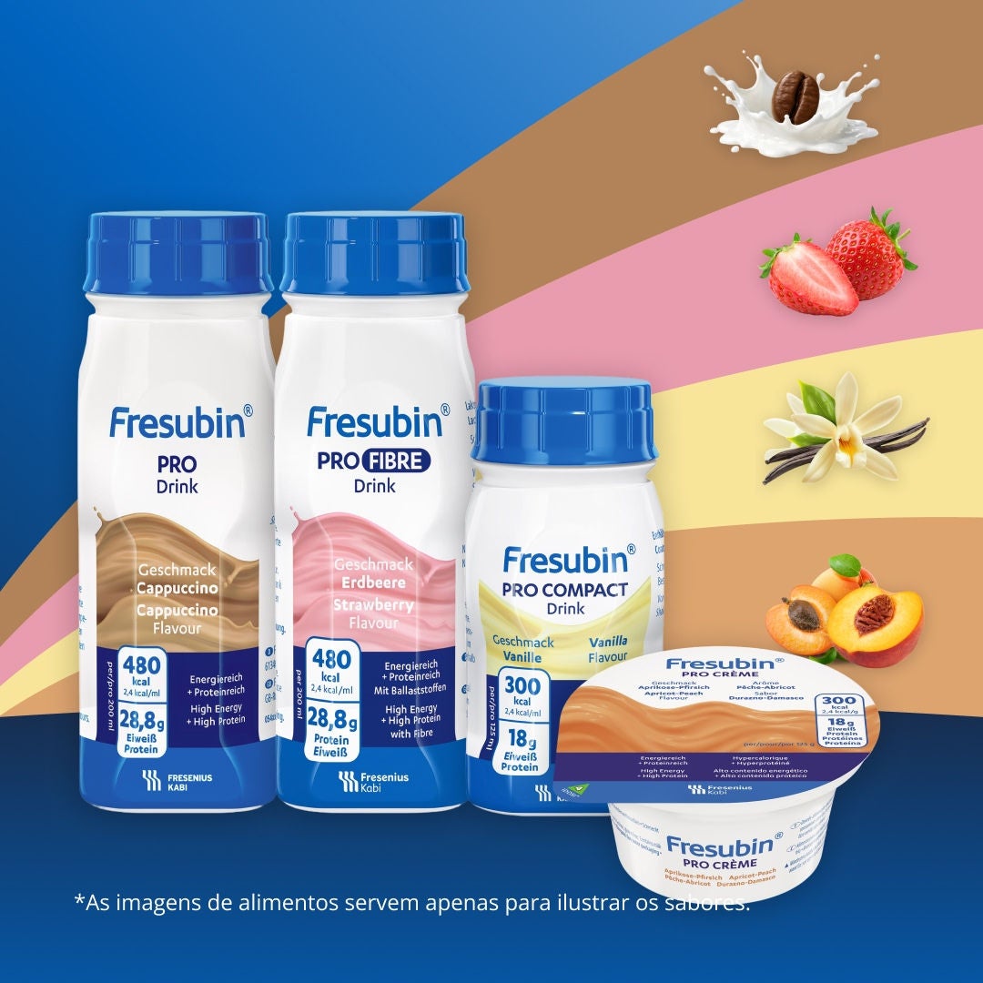 A gama Fresubin Pro dá resposta aos desafios da nutrição inadequada em idosos. Inclui Fresubin PRO Drink, Fresubin PRO FIBRE Drink, Fresubin PRO Compact Drink e Fresubin PRO Creme.  