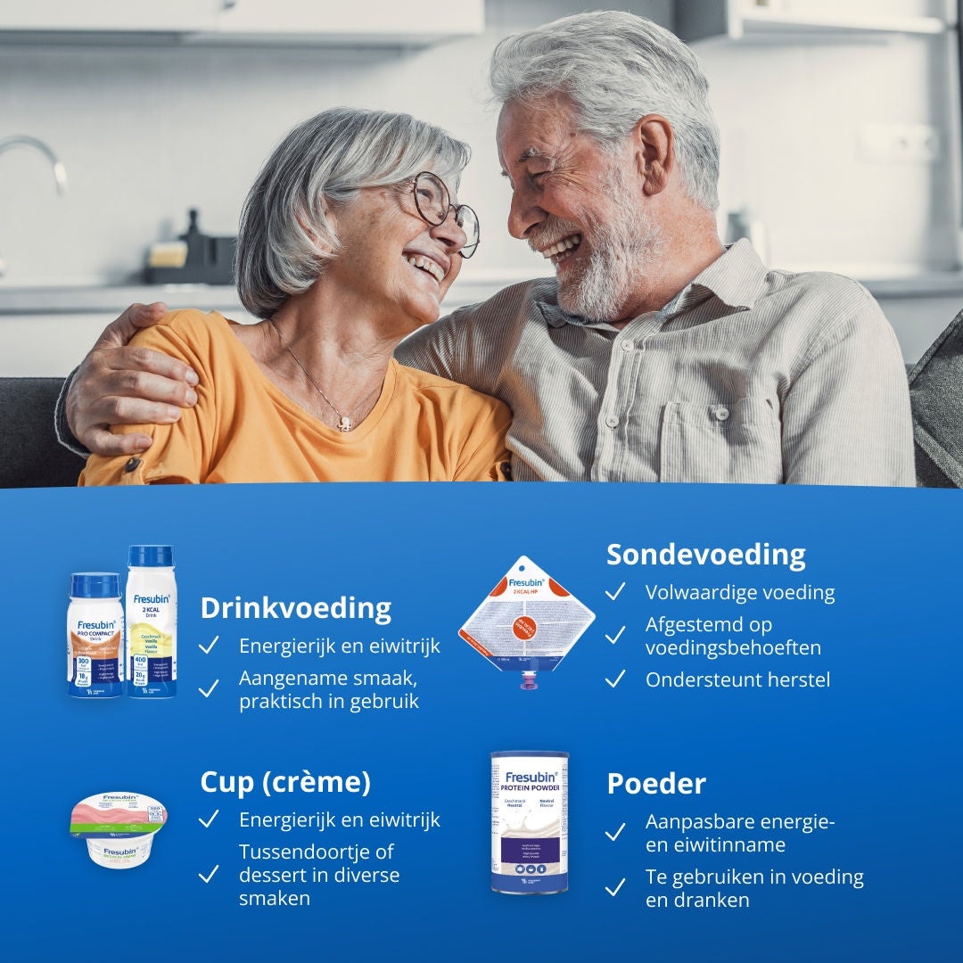 Overzicht van Fresubin sondevoeding, drinkvoeding, crèmes en poeders, met daarboven twee personen in een huiselijke omgeving.