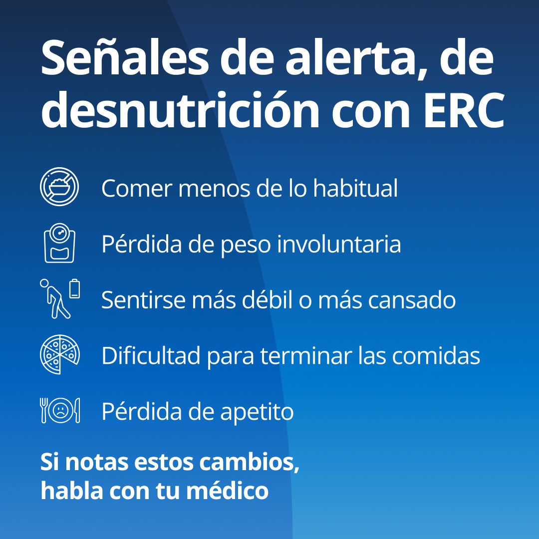 Fresubin explica que los signos de alerta de desnutrición en personas con enfermedad renal crónica (ERC) incluyen comer menos de lo habitual, pérdida de peso involuntaria, sensación de debilidad o cansancio, dificultad para terminar las comidas y pérdida de apetito. Si nota estos cambios, consulte a su equipo de atención médica. 