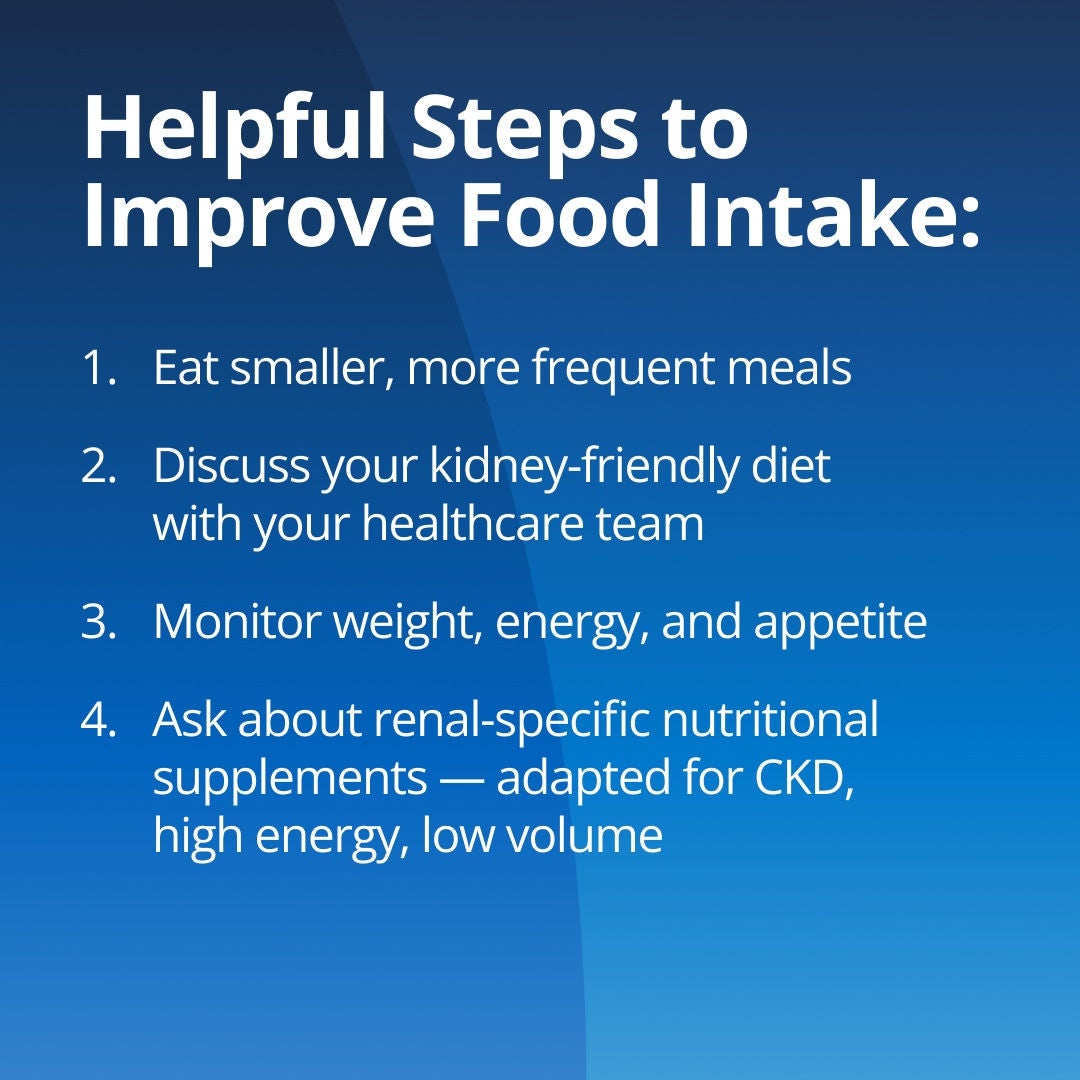 Fresubin explains practical steps to improve food intake: 1. Eat smaller, more frequent meals. 2. Discuss your kidney-friendly diet with your healthcare team. 3. Monitor weight, energy and appetite. 4. Ask about renal-specific nutritional supplements adapted for CKD with high energy and low volume. 