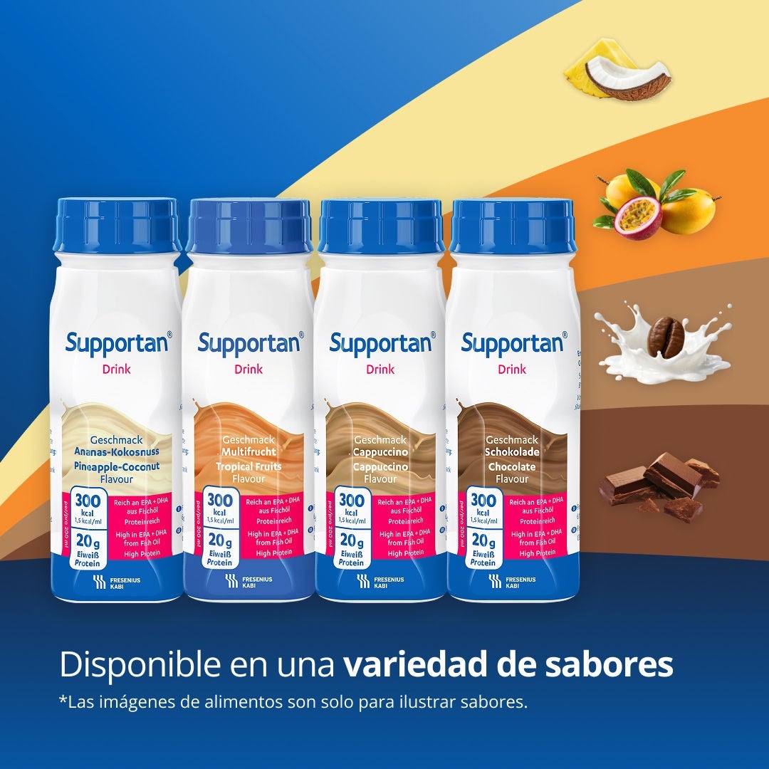 Bebidas nutricionales para pacientes con cáncer de la gama Supportan de Fresubin, diseñadas para mantener el peso y las fuerzas durante el tratamiento. Incluye los sabores piña-coco, frutas tropicales, capuchino y chocolate 