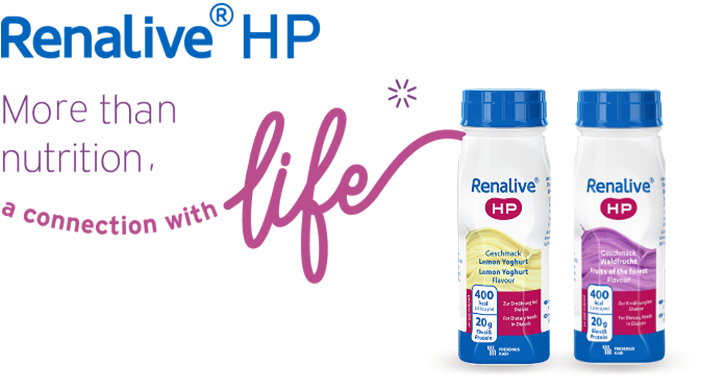Two Renalive® HP bottles in Lemon Yoghurt and Fruits of the Forest flavours, together with slogan More than nutrition, a connection with life text.