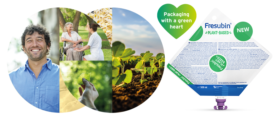 Fresubin Plant-Based tube feed alongside images symbolizing sustainability, care, and plant-based ingredients — packaging with a green heart for conscious nutrition choices.
