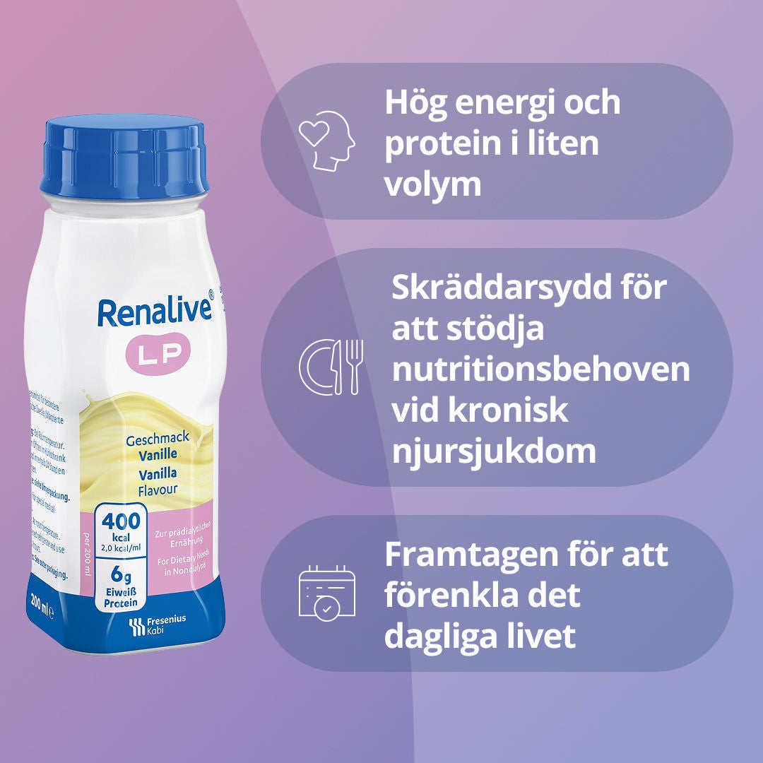 Renalive HP ger hög energitillförsel i en kompakt 200 ml-flaska, vilket är till hjälp när aptiten är låg. Renalive-sortimentet är dessutom anpassat för dialysrelaterade näringsbehov med reducerat innehåll av natrium, kalium och fosfor – viktiga mineraler som man bör hålla koll på vid kronisk njursjukdom (CKD). Det är enkelt att integrera Renalive i vardagen eftersom ingen tillredning krävs tack vare att drycken är färdig att dricka och smakar bäst kyld. 