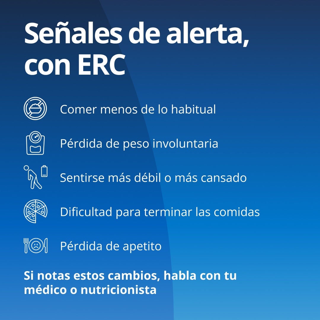 Fresubin explica que los signos de alerta de desnutrición en personas con enfermedad renal crónica (ERC) incluyen comer menos de lo habitual, pérdida de peso involuntaria, sensación de debilidad o cansancio, dificultad para terminar las comidas y pérdida de apetito. Si nota estos cambios, consulte a su equipo de atención médica. 