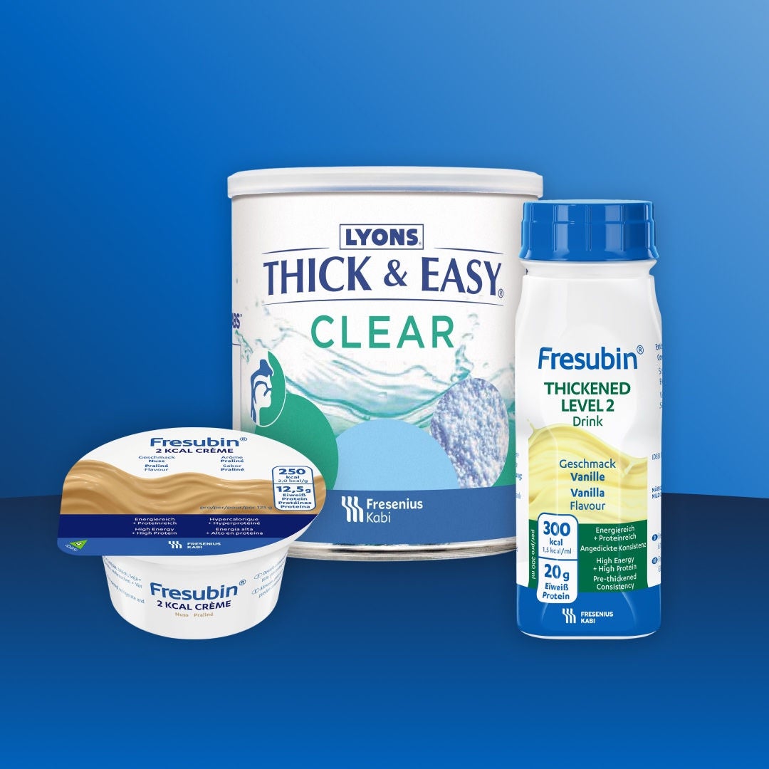 La línea de productos para la disfagia de Fresubin está disponible en diversos formatos, entre los que se incluyen el espesante alimenticio Thick&Easy Clear, la crema Fresubin con sabor a praliné de 2 kcal y la bebida espesada Fresubin con sabor a vainilla de nivel 2. 