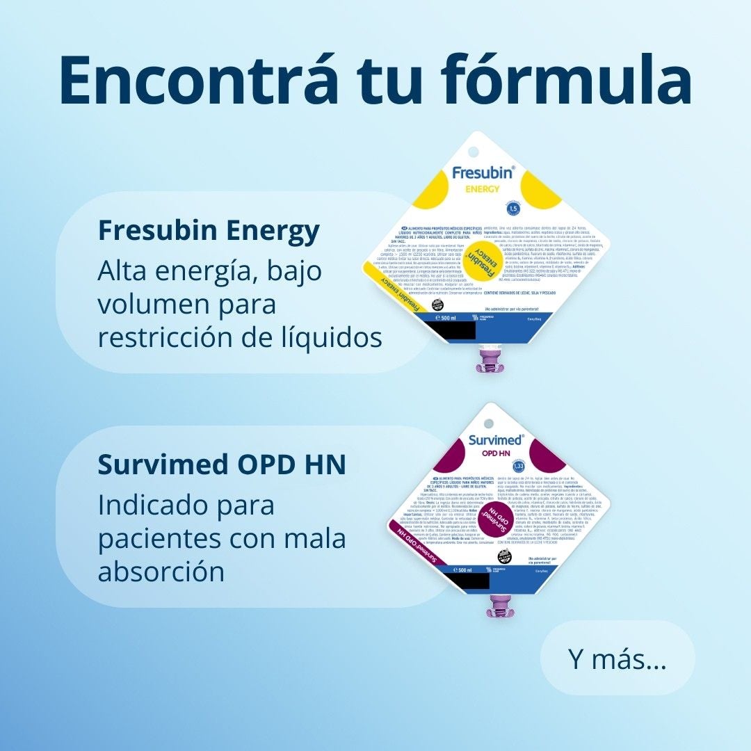 Encuentre su fórmula ideal con la gama Fresubin, que incluye fórmulas de 2 kcal para un alto aporte energético y opciones de bajo volumen para casos de ingesta limitada de líquidos, opciones de origen vegetal para pacientes con preferencias dietéticas específicas, opciones ricas en fibra para quienes padecen estreñimiento y problemas intestinales, y mucho más... 