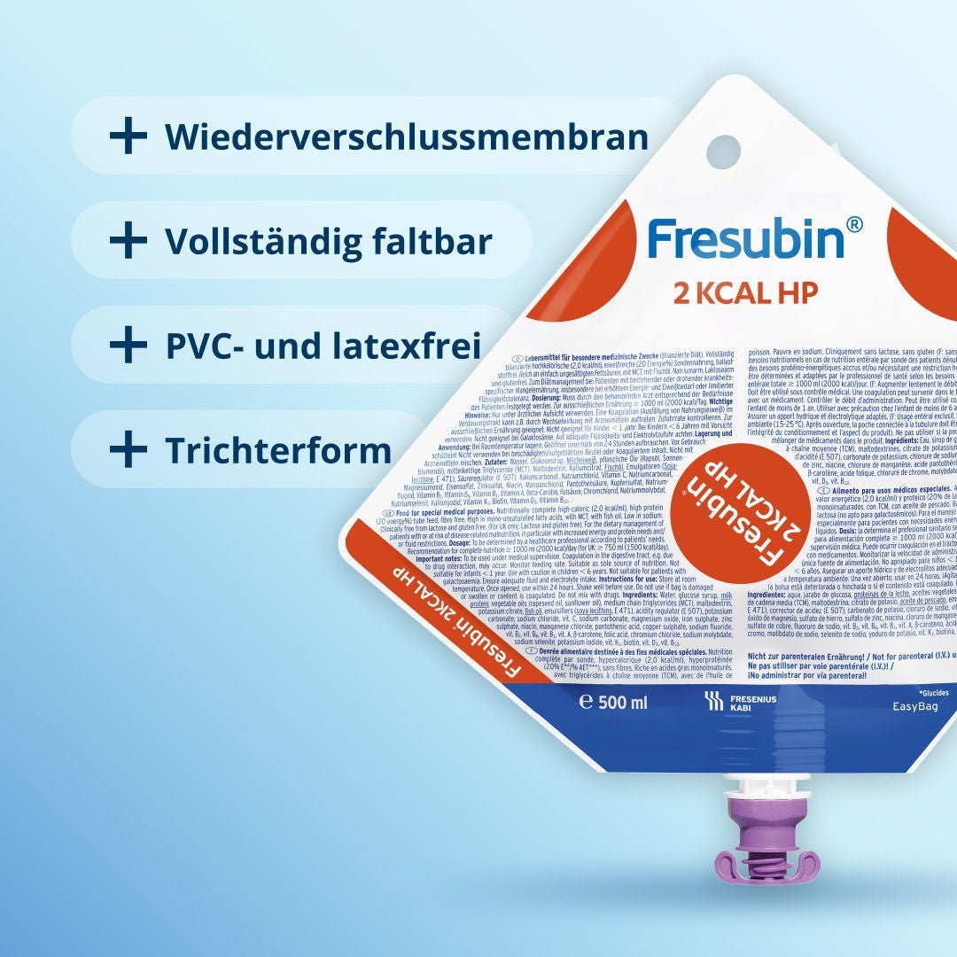 Eine Infografik, die die vier wesentlichen Aspekte der Funktionsweise des EasyBag-Behälters für die Sondenernährung von Fresenius Kabi erläutert. 