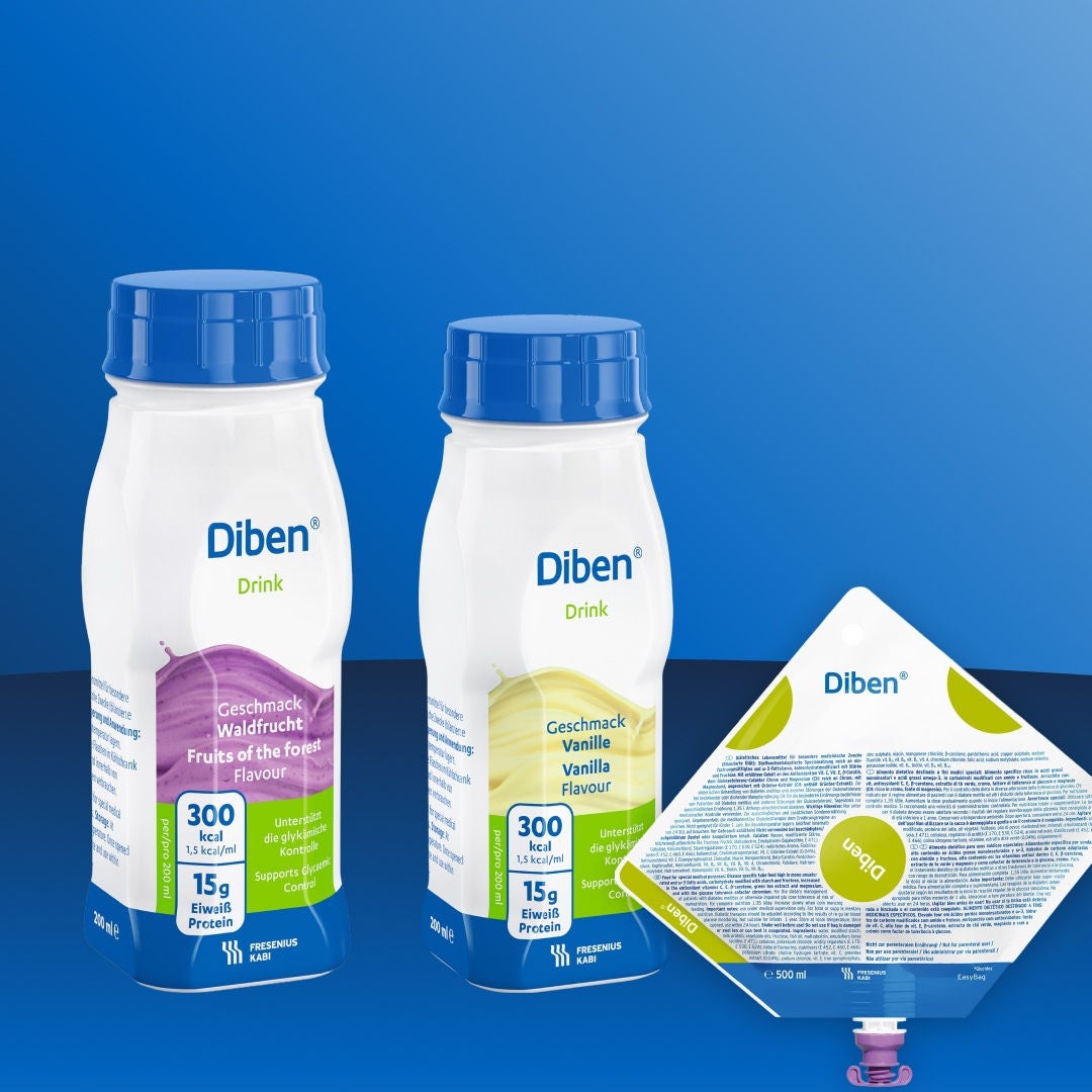 Gama Diben de la Fresubin, destinată susținerii nutriției persoanelor cu diabet, este disponibilă într-o varietate de formate și arome, pentru a se potrivi nevoilor dumneavoastră, inclusiv: Diben 1,5 KCAL pentru alimentație prin sondă, Diben băutură cu aromă de caise și piersici, Diben băutură cu aromă de vanilie 2 KCAL, Diben pulbere cu aromă de vanilie, Diben cu aromă de caise și piersici, 2KCAL, cremă care se consumă cu lingura, și Diben cu aromă de cappuccino, cremă care se consumă cu lingura. 