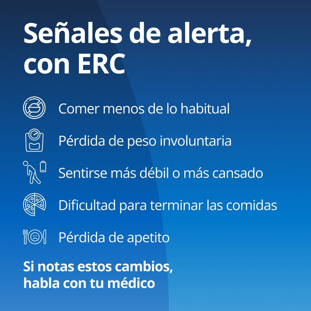 Fresubin explica que los signos de alerta de desnutrición en personas con enfermedad renal crónica (ERC) incluyen comer menos de lo habitual, pérdida de peso involuntaria, sensación de debilidad o cansancio, dificultad para terminar las comidas y pérdida de apetito. Si nota estos cambios, consulte a su equipo de atención médica. 