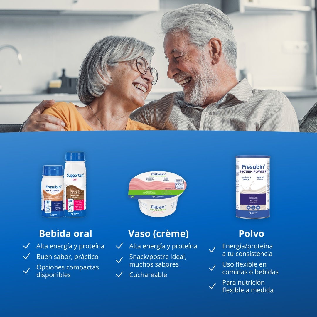 La gama de suplementos nutricionales orales Fresubin incluye bebidas energéticas y ricas en proteínas para tomar a sorbos, que tienen un sabor excelente y son prácticas, con opciones compactas disponibles; tazas de crema que se pueden comer con cuchara, que son energéticas y ricas en proteínas, y son ideales como merienda o postre en una variedad de sabores; y polvos que se pueden agregar a alimentos o bebidas para ajustar el contenido de energía y proteínas a la consistencia que desee, lo que permite una nutrición flexible y personalizada. 