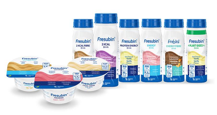 Fresubin Vielfalt: Fresubin Trinknahrung in verschiedenen Geschmacksrichtungen und Konsistenzen - verlinkt zu Produktfinder