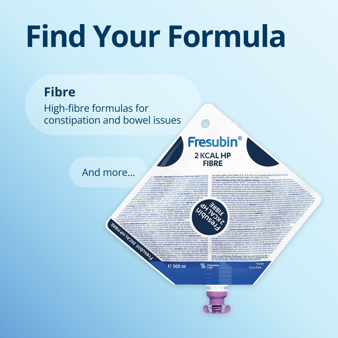 Find your formula with the Fresubin range, including 2kcal formulas for high energy and low volume options for restricted fluid intake, plant-based options for patients with specific dietary preferences, high-fibre options for those with constipation and bowel issues, and more... 