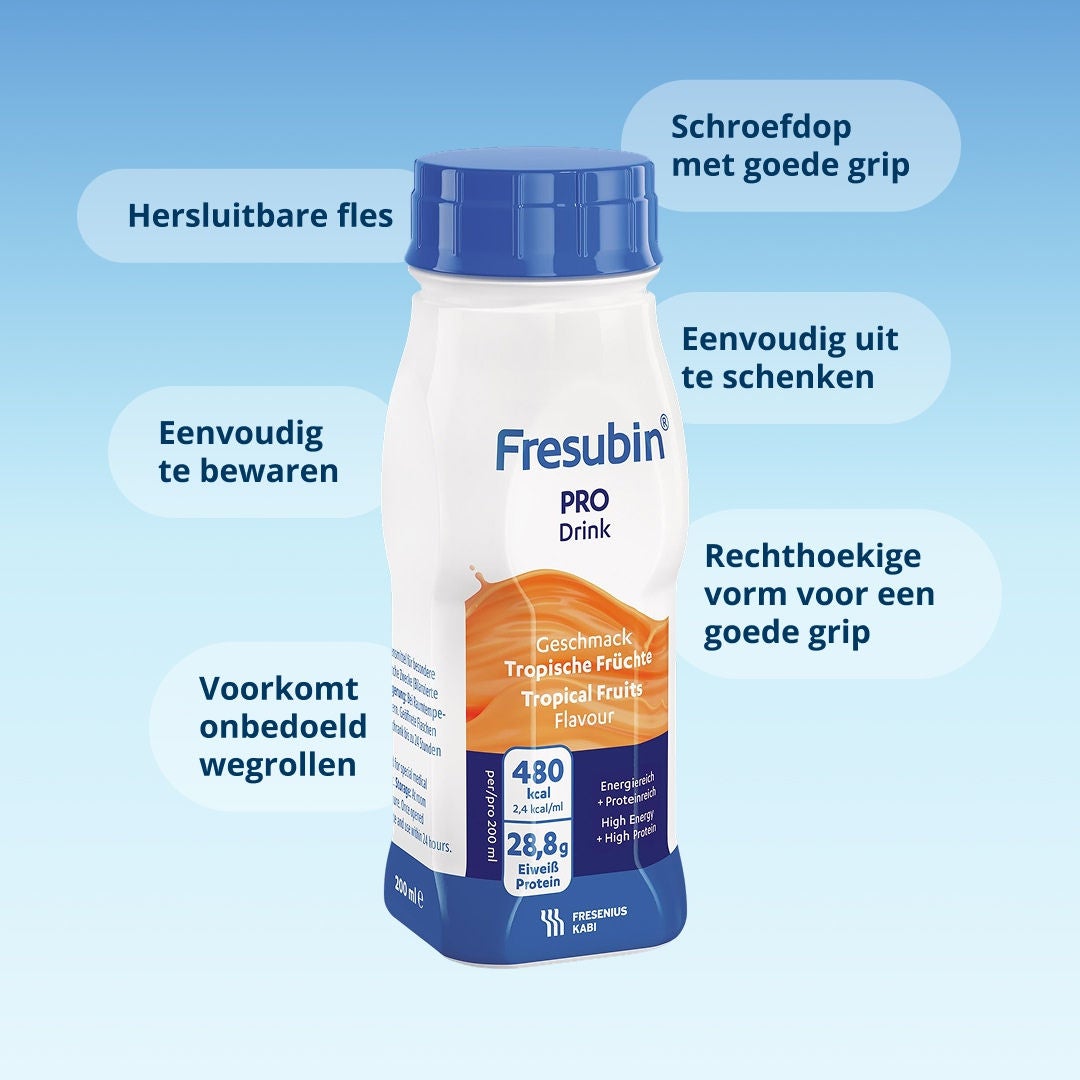 Fresubin EasyBottle met aanduiding van eigenschappen zoals hersluitbare dop, brede opening, stabiele grip en praktische opslag.