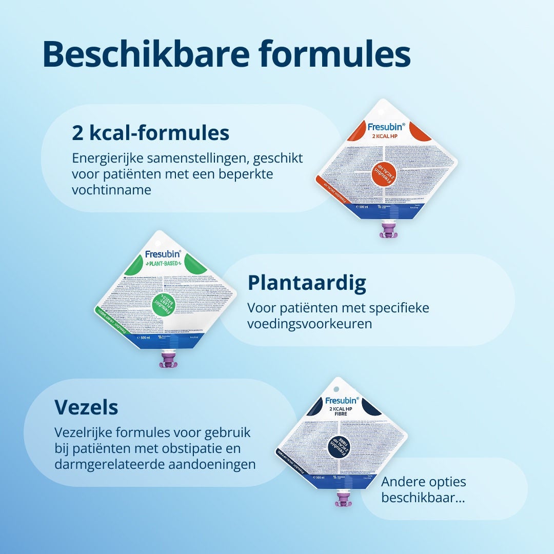 Ontdek de formule die bij u past met het Fresubin-assortiment, Iedere voedingssituatie is anders. Daarom worden de voedingsformule, toedieningswijze en voedingshoeveelheid afgestemd door uw zorgteam.