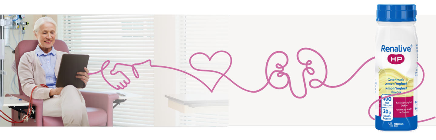 Dialysis patient sitting in treatment chair using a tablet, connected visually to a Renalive® HP Lemon Yoghurt bottle, symbolizing nutritional support and connection with life.