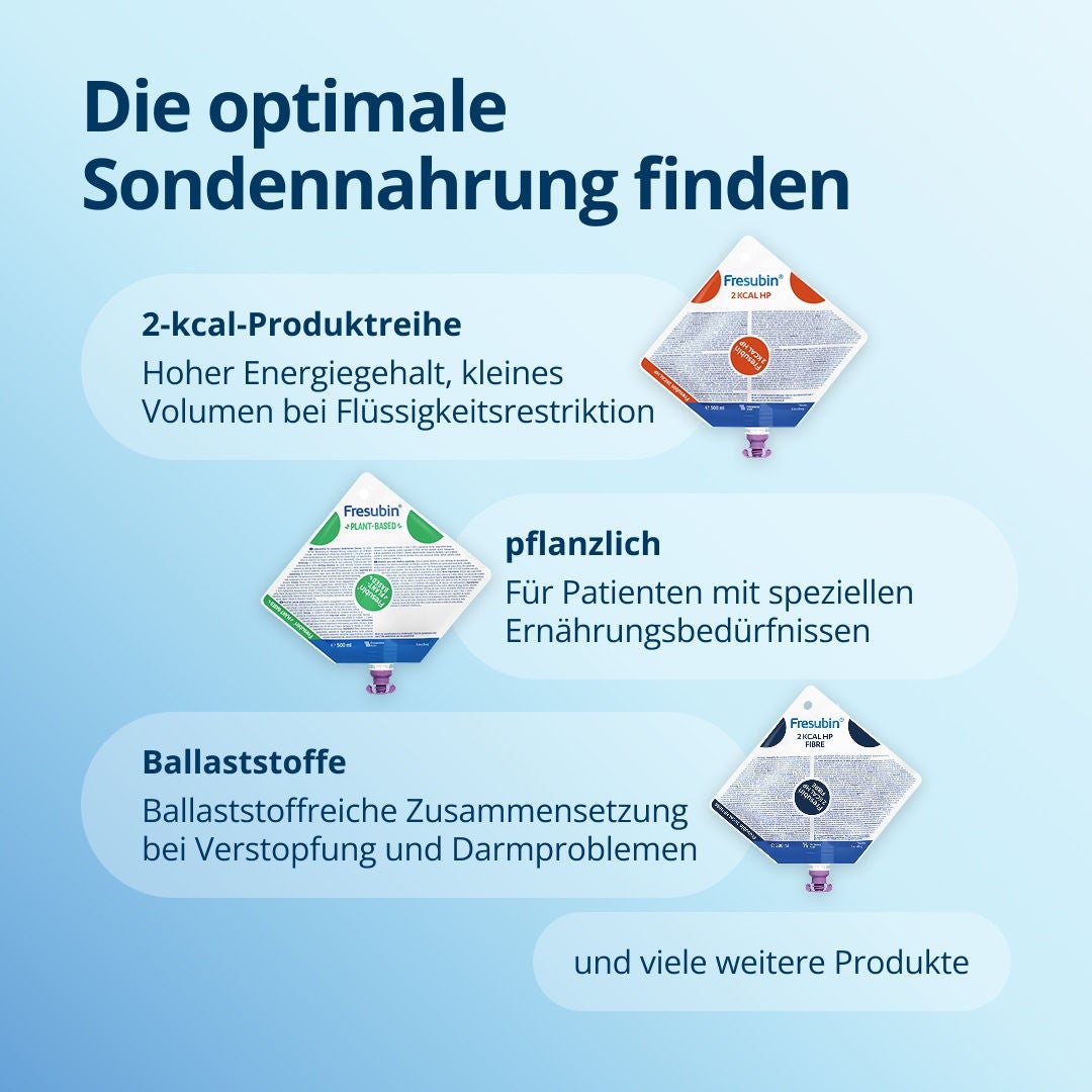 Finden Sie die passende Nahrung aus dem Fresubin-Sortiment, darunter 2-kcal-Nahrungen für einen hohen Energiegehalt, Produkte mit geringem Volumen für eine eingeschränkte Flüssigkeitsaufnahme, pflanzliche Varianten für Patienten mit bestimmten Ernährungspräferenzen, ballaststoffreiche Produkte für Patienten mit Verstopfung und Darmproblemen sowie vieles mehr... 