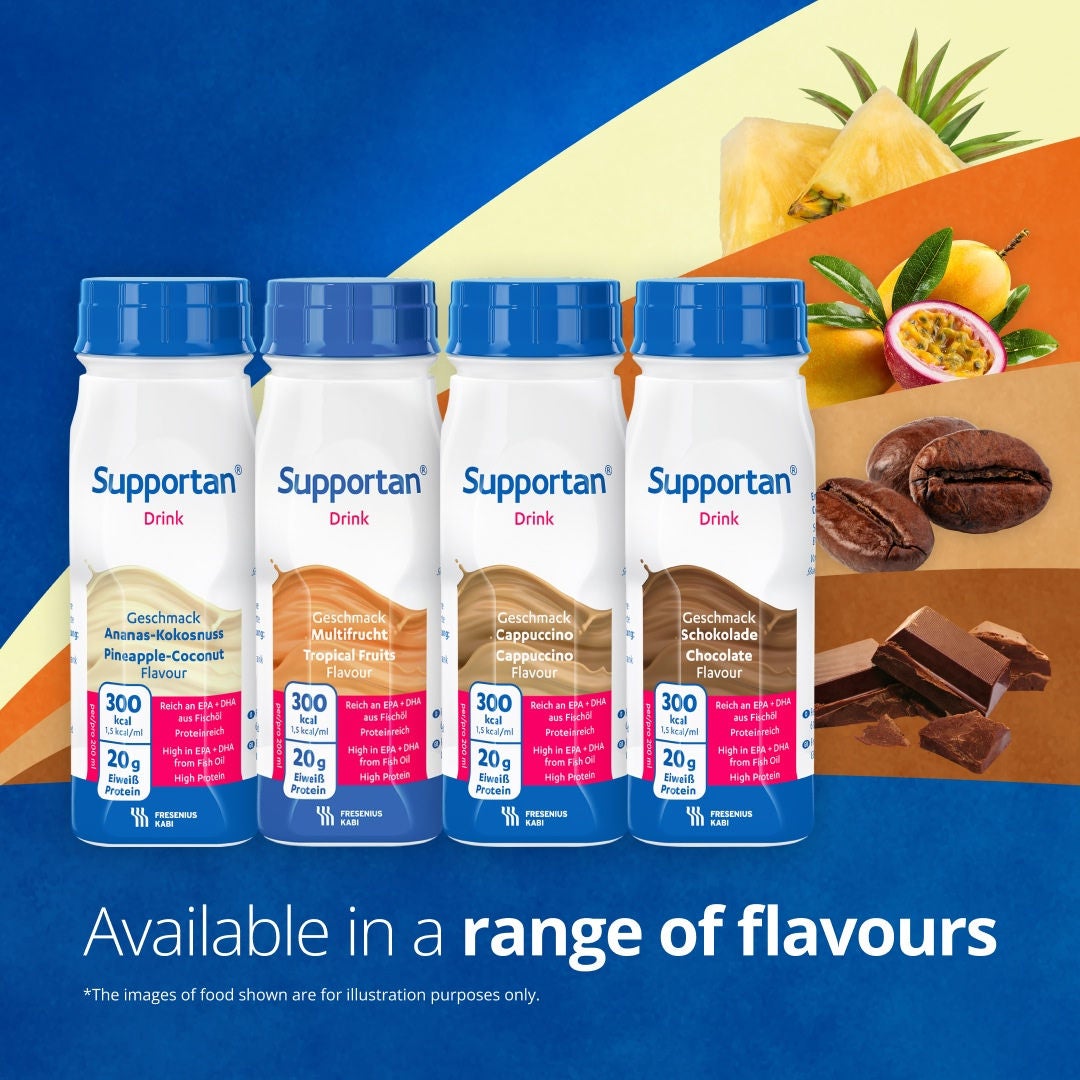 Bebidas nutricionales para pacientes con cáncer de la gama Supportan de Fresubin, diseñadas para mantener el peso y las fuerzas durante el tratamiento. Incluye los sabores piña-coco, frutas tropicales, capuchino y chocolate 